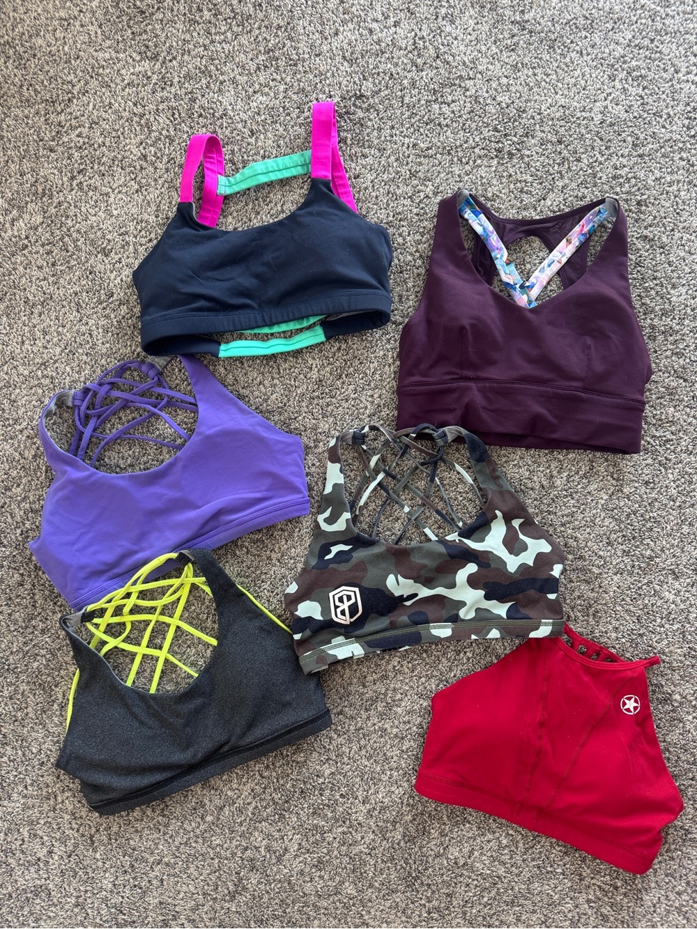 Mixed Women's Sports Bras Set - Purple, Black, Camo, Red, Teal Accents